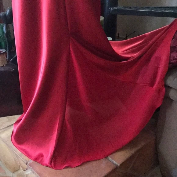 Vintage Red Chiffon Satin Full Sweep Long Maxi Nightgown Slip Dress Lingerie